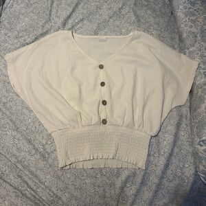 Cream Button-Front Smocked Crop Top